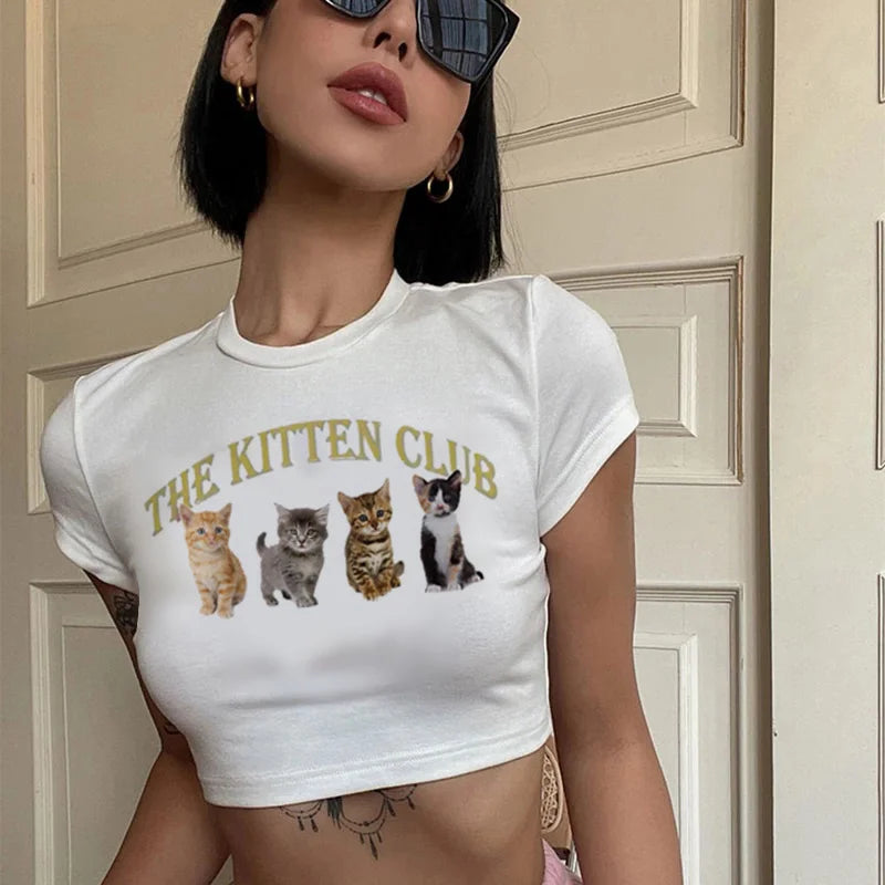 The Kitten Club Cyber Streetwear Tee for Women - Goth Kawaii Y2K Crop Top