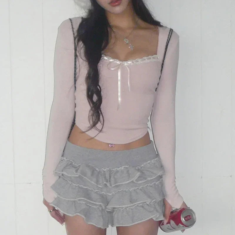 Pink Lace-Up Coquette Bow Knit Crop Top