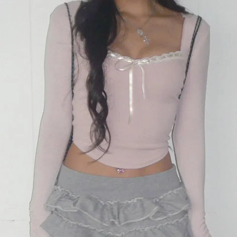 Pink Lace-Up Coquette Bow Knit Crop Top