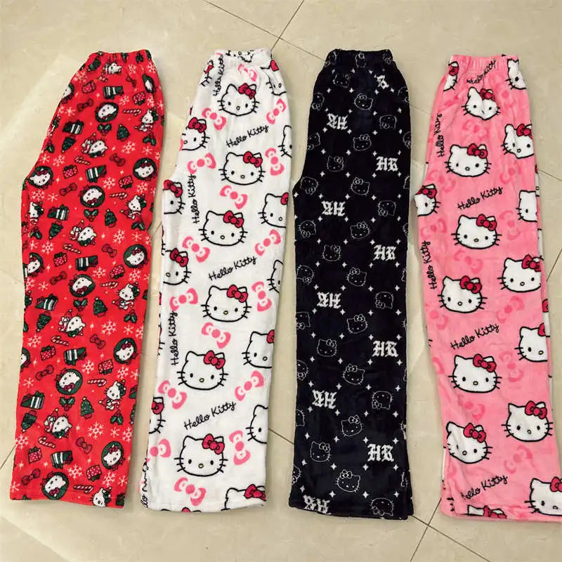 Hello Kitty Fleece Pajama Pants – Soft, Double Elastic Waistband, Cozy Kawaii Trousers for Women, Perfect  Birthday Gift