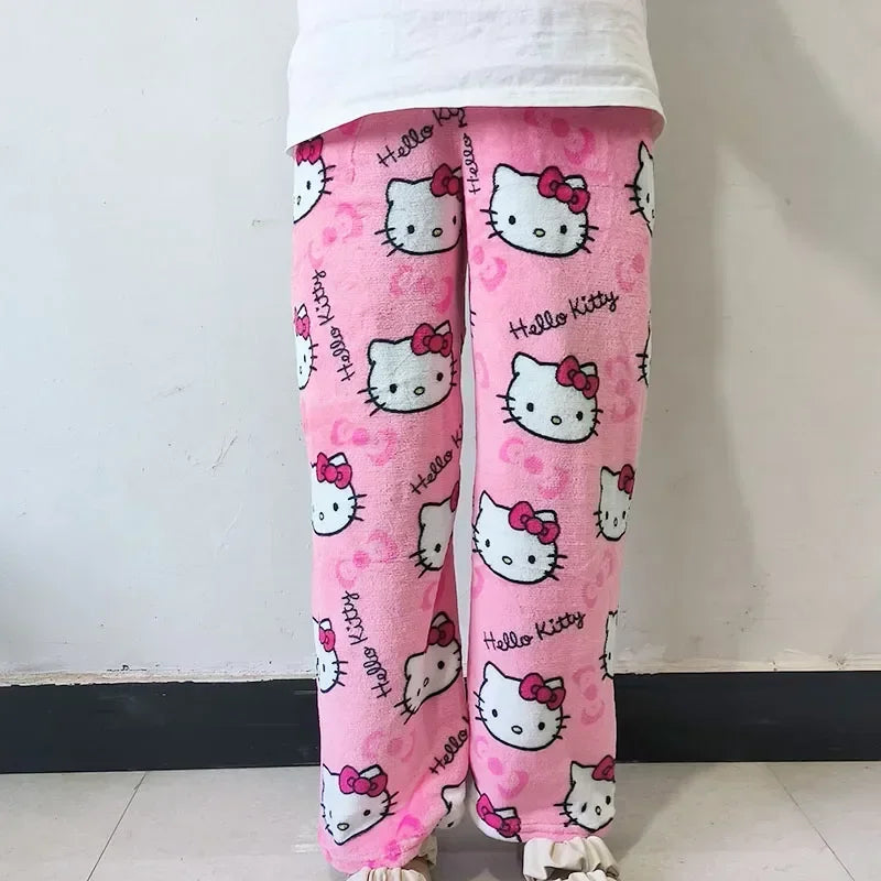 Hello Kitty Fleece Pajama Pants – Soft, Double Elastic Waistband, Cozy Kawaii Trousers for Women, Perfect  Birthday Gift