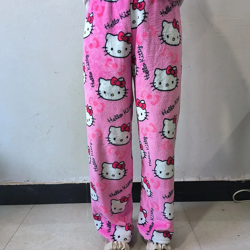 Hello Kitty Fleece Pajama Pants – Soft, Double Elastic Waistband, Cozy Kawaii Trousers for Women, Perfect  Birthday Gift